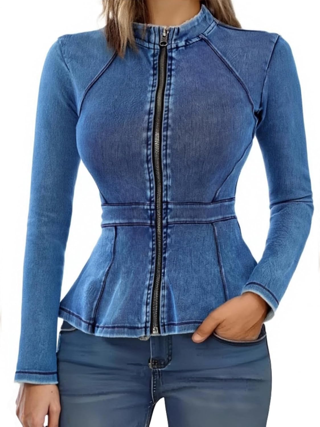 Casual Denim Peplum Jacket for Women – Long Sleeve Zip-Up Ruffle Waist Jacket, Athletic Workout Blazer Coat