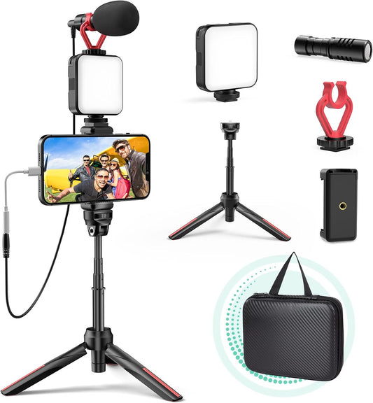 TECELKS Smartphone Video Vlogging Kit - LED Light, Tripod, Microphone, Phone Holder & Carry Bag, Starter Kit for iPhone & Android Content Creators