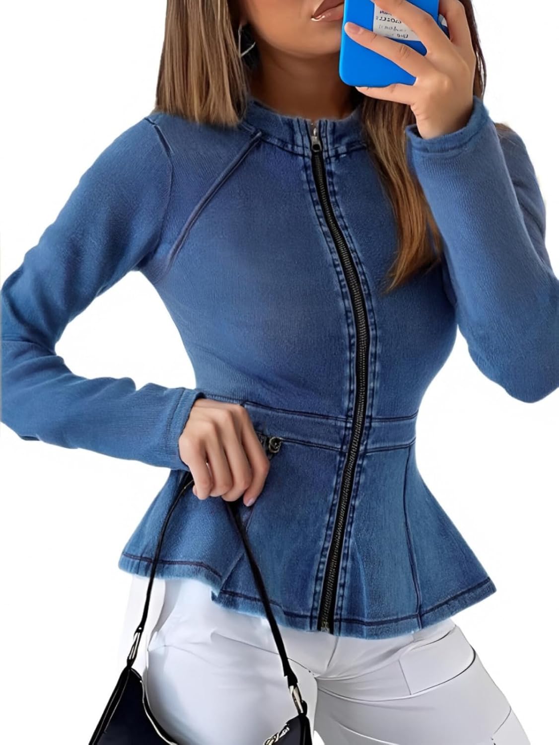 Casual Denim Peplum Jacket for Women – Long Sleeve Zip-Up Ruffle Waist Jacket, Athletic Workout Blazer Coat