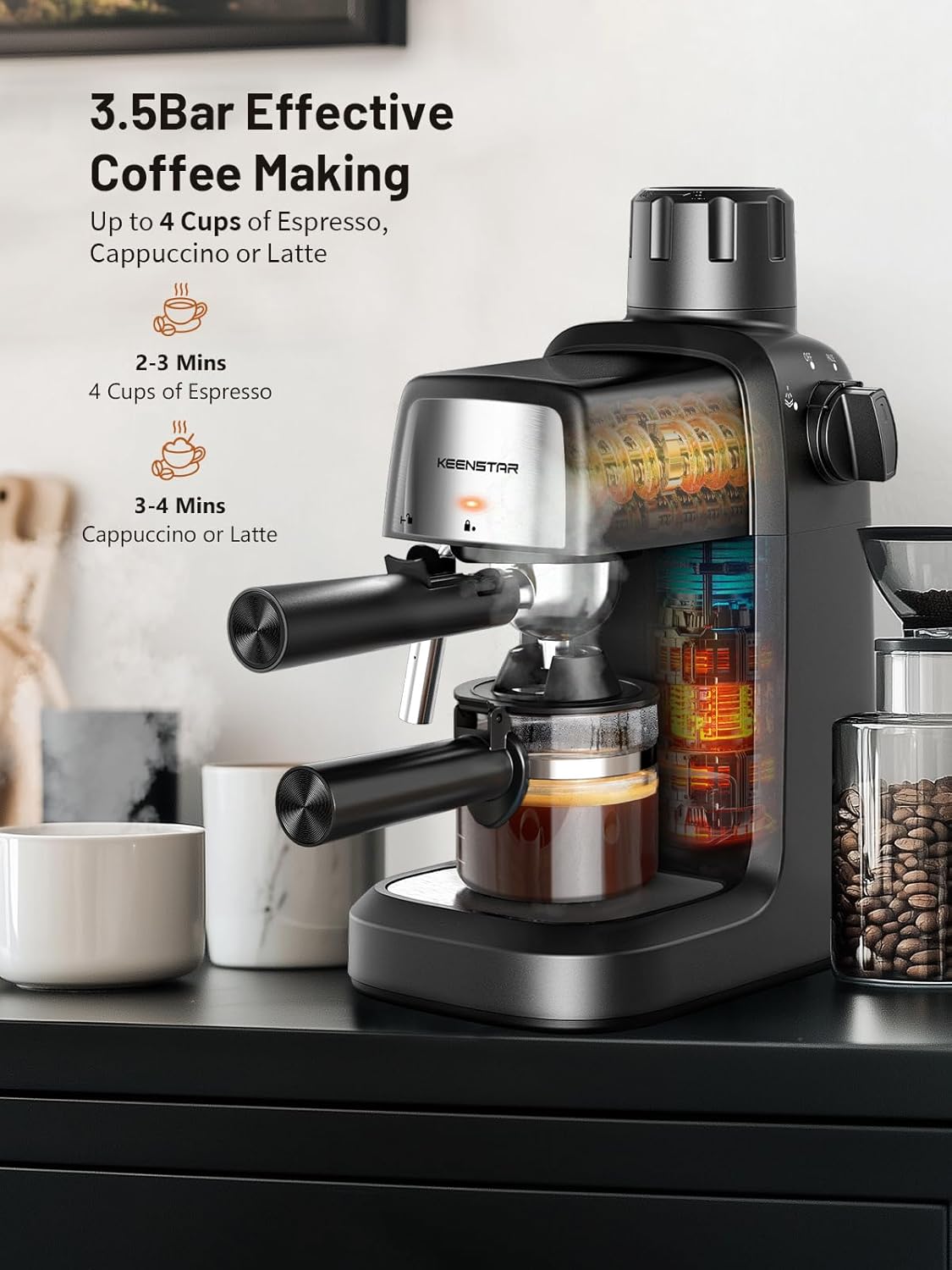  KEENSTAR 3.5 Bar Espresso Machine with Milk Frother – 800W Compact Espresso & Cappuccino Maker with Preheating, 4-Cup Coffee Machine for Latte & Cappuccino, Ideal Gift for Coffee Lovers