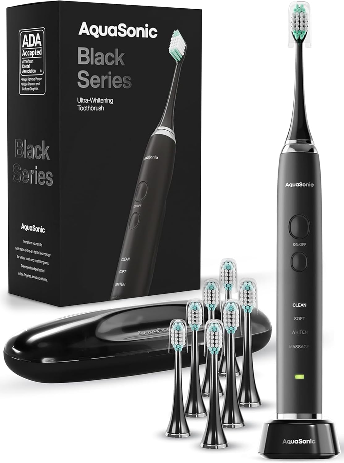 Aquasonic Black Series Ultra Whitening Electric Toothbrush – ADA Accepted, 40,000 VPM Sonic Motor, 4 Modes, Smart Timer, Wireless Charging, 8 Brush Heads & Travel Case