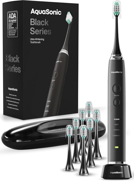 Aquasonic Black Series Ultra Whitening Electric Toothbrush – ADA Accepted, 40,000 VPM Sonic Motor, 4 Modes, Smart Timer, Wireless Charging, 8 Brush Heads & Travel Case
