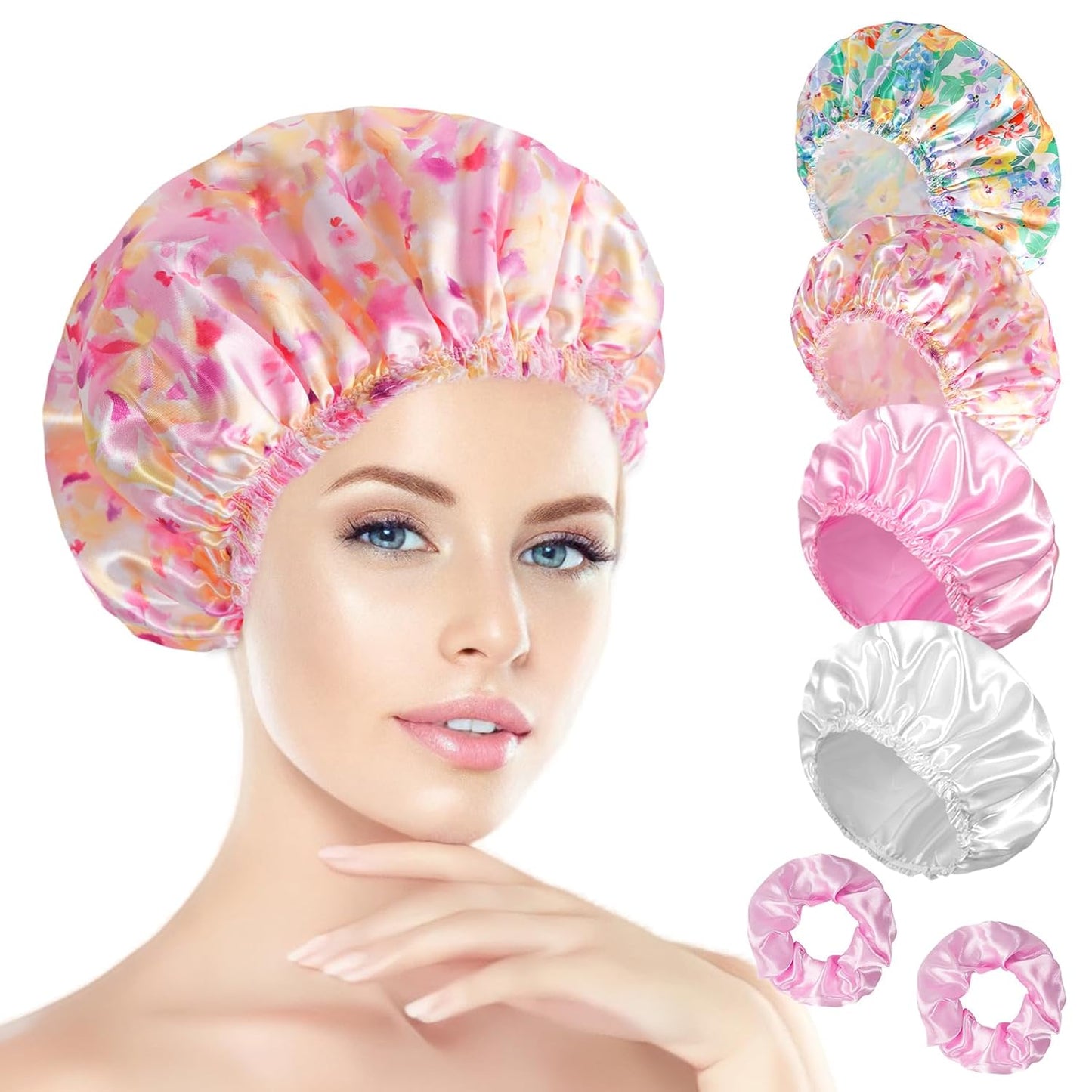 Happtiger Reusable Waterproof Shower Caps for Women, 4PCS Double Layer Hair Caps with 2 Satin Scrunchies, Elastic Bath Caps for Shower, Spa & Hair Care