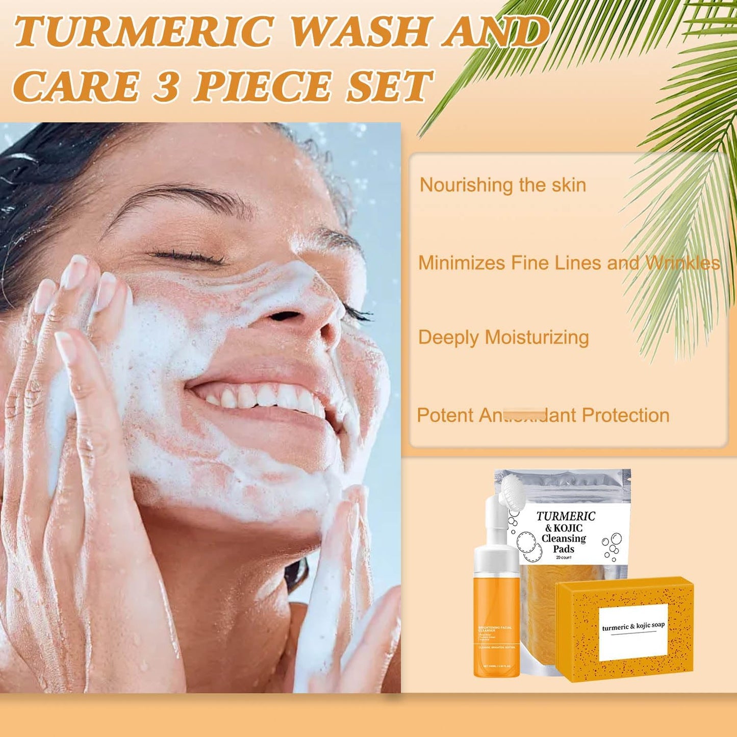 Turmeric Face & Body Care Set – 4-Piece Skincare Kit with Cleanser, Soap Bar, and Scrub Pads | Deep Cleansing & Brightening
