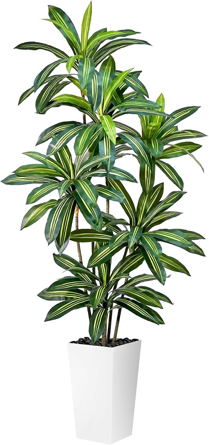 Artificial Dracaena 5FT Tree with White Planter – Realistic Faux Dragon Indoor Floor Plant for Home, Office, Living Room & Bedroom Decor