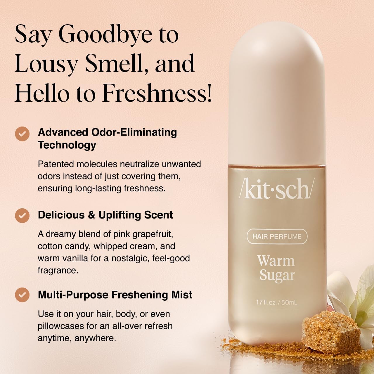 Kitsch Warm Sugar Hair Perfume & Body Mist for Women – Odor-Eliminating Hair Spray with Clean Ingredients, Pink Grapefruit & Vanilla Scent, Refreshes Hair, Body & Pillows, 50 mL