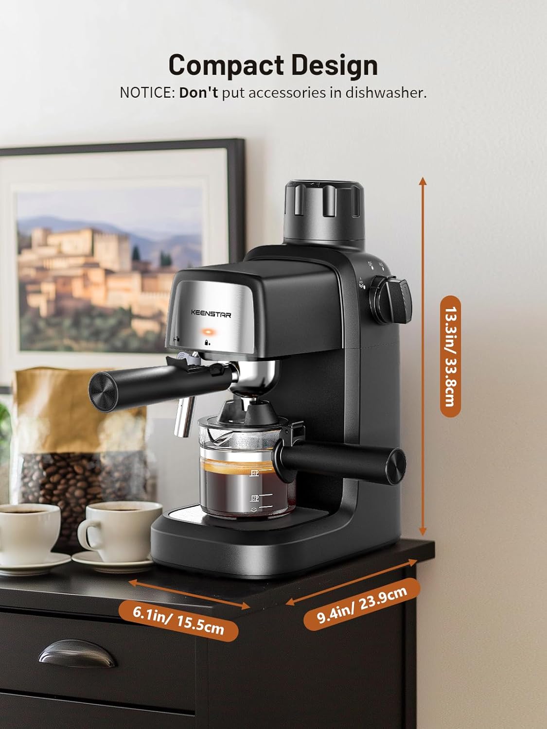  KEENSTAR 3.5 Bar Espresso Machine with Milk Frother – 800W Compact Espresso & Cappuccino Maker with Preheating, 4-Cup Coffee Machine for Latte & Cappuccino, Ideal Gift for Coffee Lovers