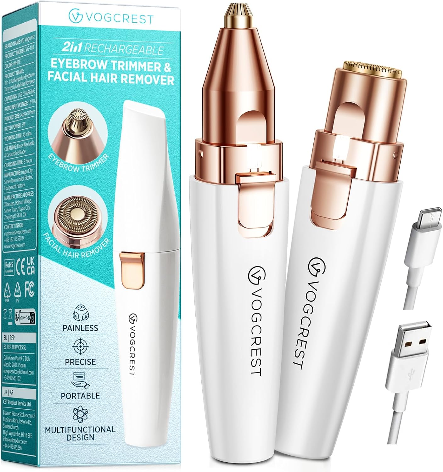 VG VOGCREST Eyebrow & Facial Trimmer – 2-in-1 Rechargeable Facial Hair Removal & Eyebrow Shaver with LED Light (Rose Gold)