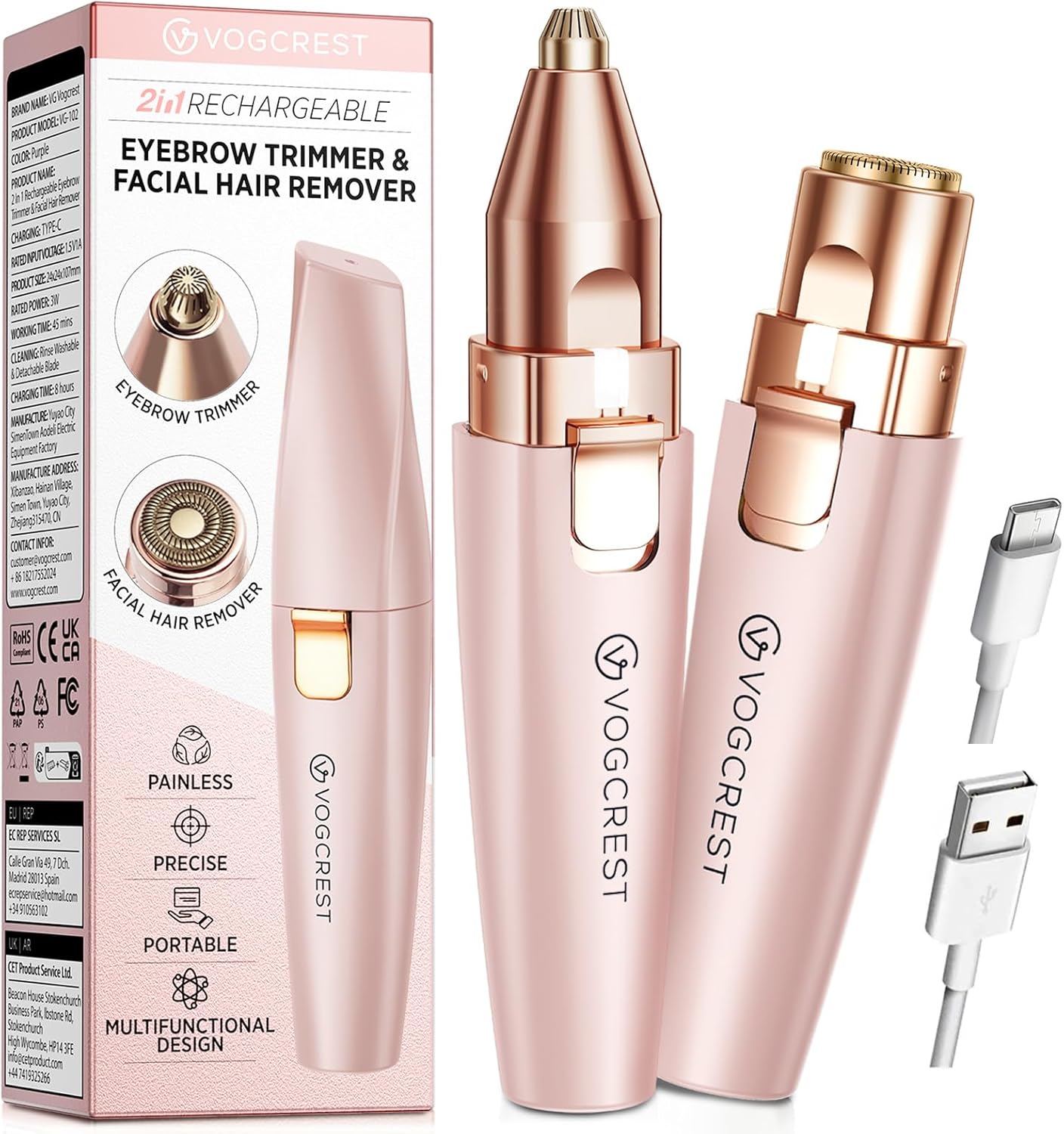VG VOGCREST Eyebrow & Facial Trimmer – 2-in-1 Rechargeable Facial Hair Removal & Eyebrow Shaver with LED Light (Rose Gold)