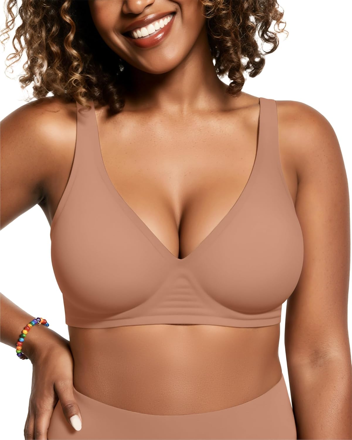 OEAK Women’s Deep V Wireless Bra – Seamless Plunge T-Shirt Bra with Push-Up Support, Comfortable No-Underwire Bralette