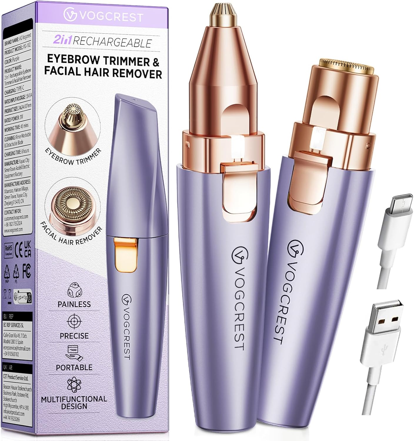 VG VOGCREST Eyebrow & Facial Trimmer – 2-in-1 Rechargeable Facial Hair Removal & Eyebrow Shaver with LED Light (Rose Gold)