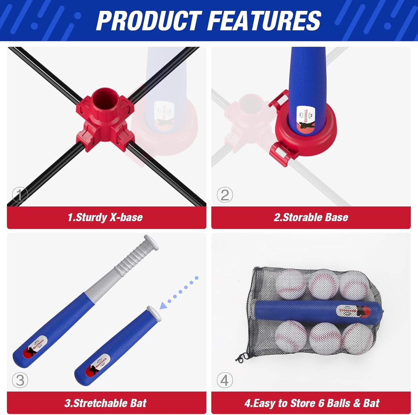Kids 3-in-1 Baseball Set for Toddler Ages 3–5 – Adjustable Tee Ball Stand with Hanging Tee, Ball Launcher, 6 Softballs for Boys & Girls