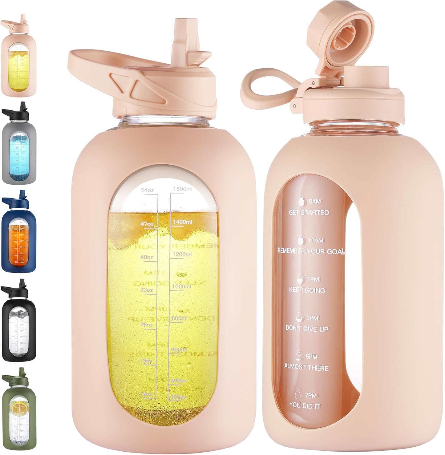 CIVAGO 32 Oz Glass Water Bottle – Leakproof Sports Flask with Straw, Handle, Silicone Sleeve, Time Marker & 2 Lids, Large Gym Water Jug, Black