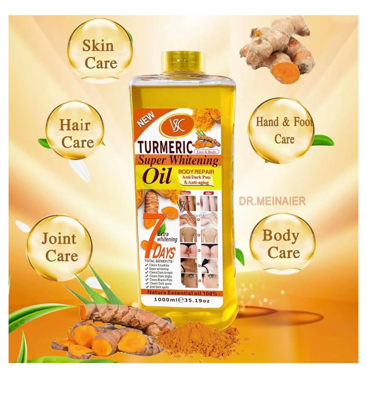 Turmeric Oil Face & Body Moisturizer – Brightening, Anti-Aging, Spot Correcting Skincare Essential Oil, 1000ML (35.19 fl oz)