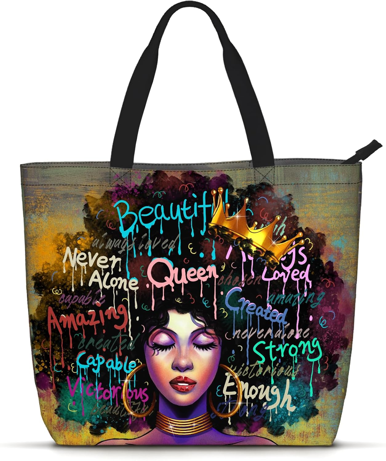African American Women Tote Bag – Large Black Shoulder Handbag for Work, Travel & Beach | Fits Laptop | Zipper Closure Everyday Tote Bag