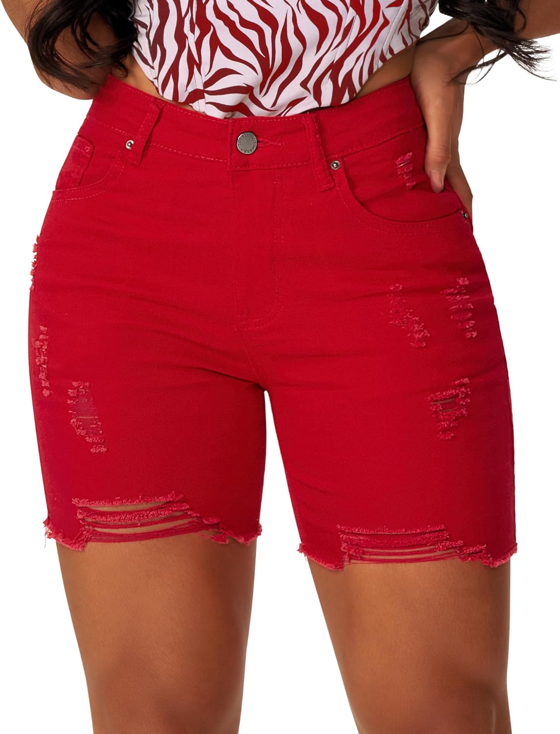 Roswear Women’s High-Waisted Ripped Summer Shorts – Stretch Denim, Distressed Frayed Raw Hem, Casual Jean Shorts
