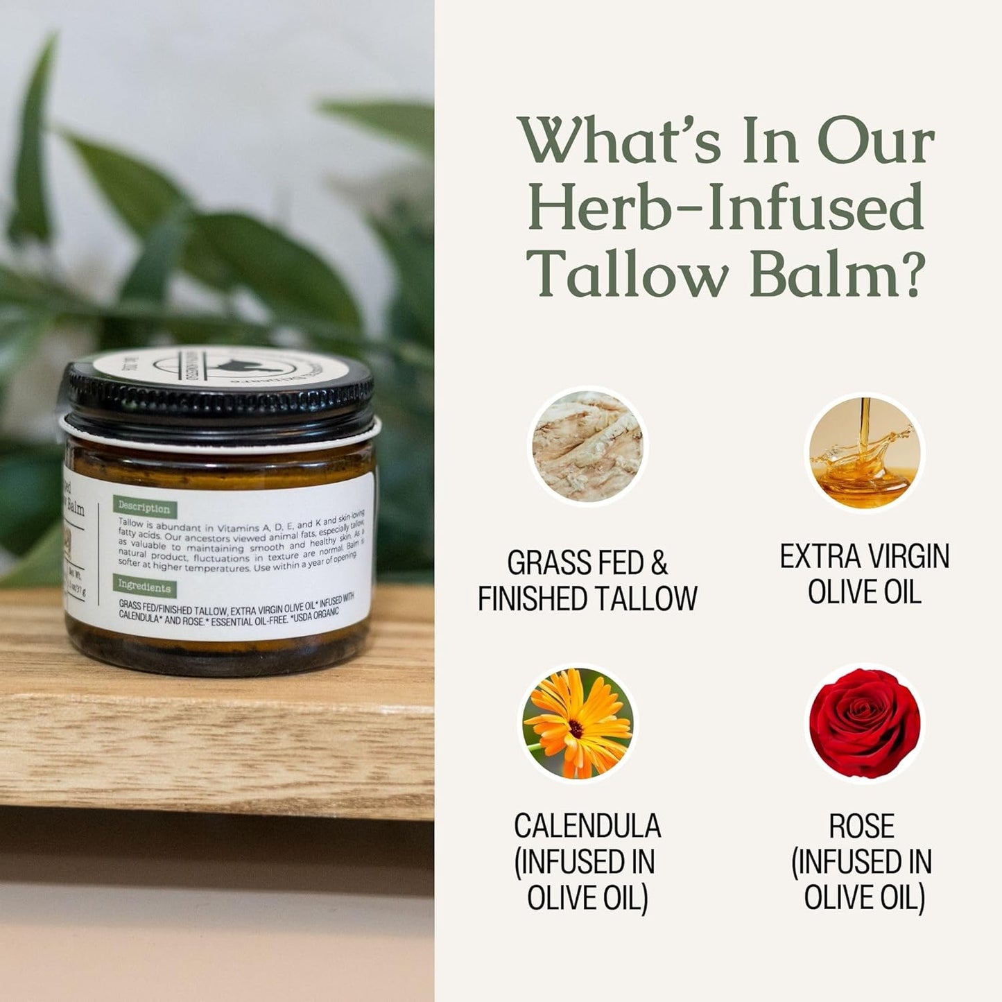 Hearth & Homestead Whipped Grass-Fed Beef Tallow Skin Balm – Organic Face & Body Moisturizer with Olive Oil, Calendula & Rose, Eczema Relief Cream for Dry Skin, Unscented, 1.3 oz