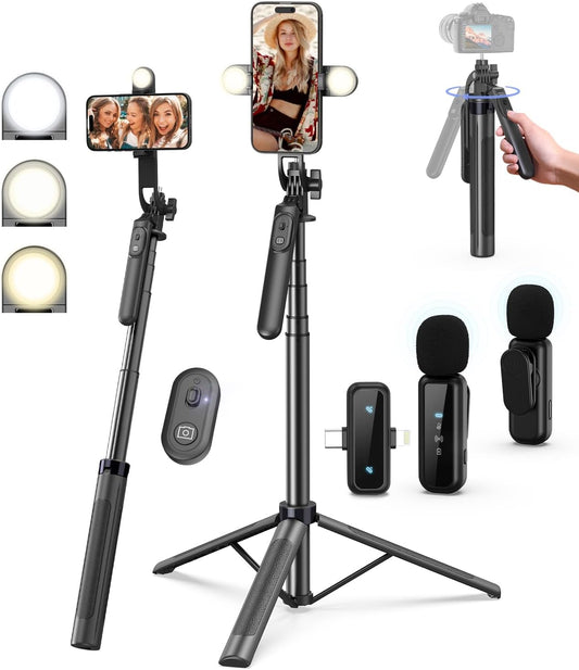 Vlogging Kit for iPhone & Android – 71″ Selfie Stick Tripod with LED Light, Wireless Remote & Microphone, Adjustable Phone Tripod for TikTok & YouTube Content Creators