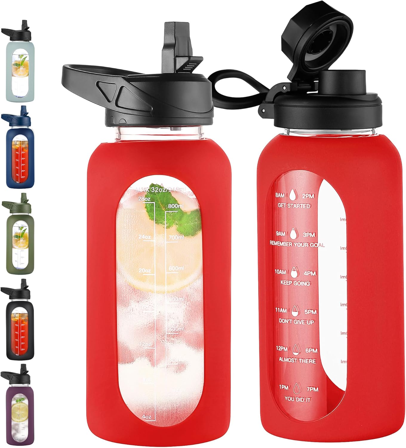 CIVAGO 32 Oz Glass Water Bottle – Leakproof Sports Flask with Straw, Handle, Silicone Sleeve, Time Marker & 2 Lids, Large Gym Water Jug, Black