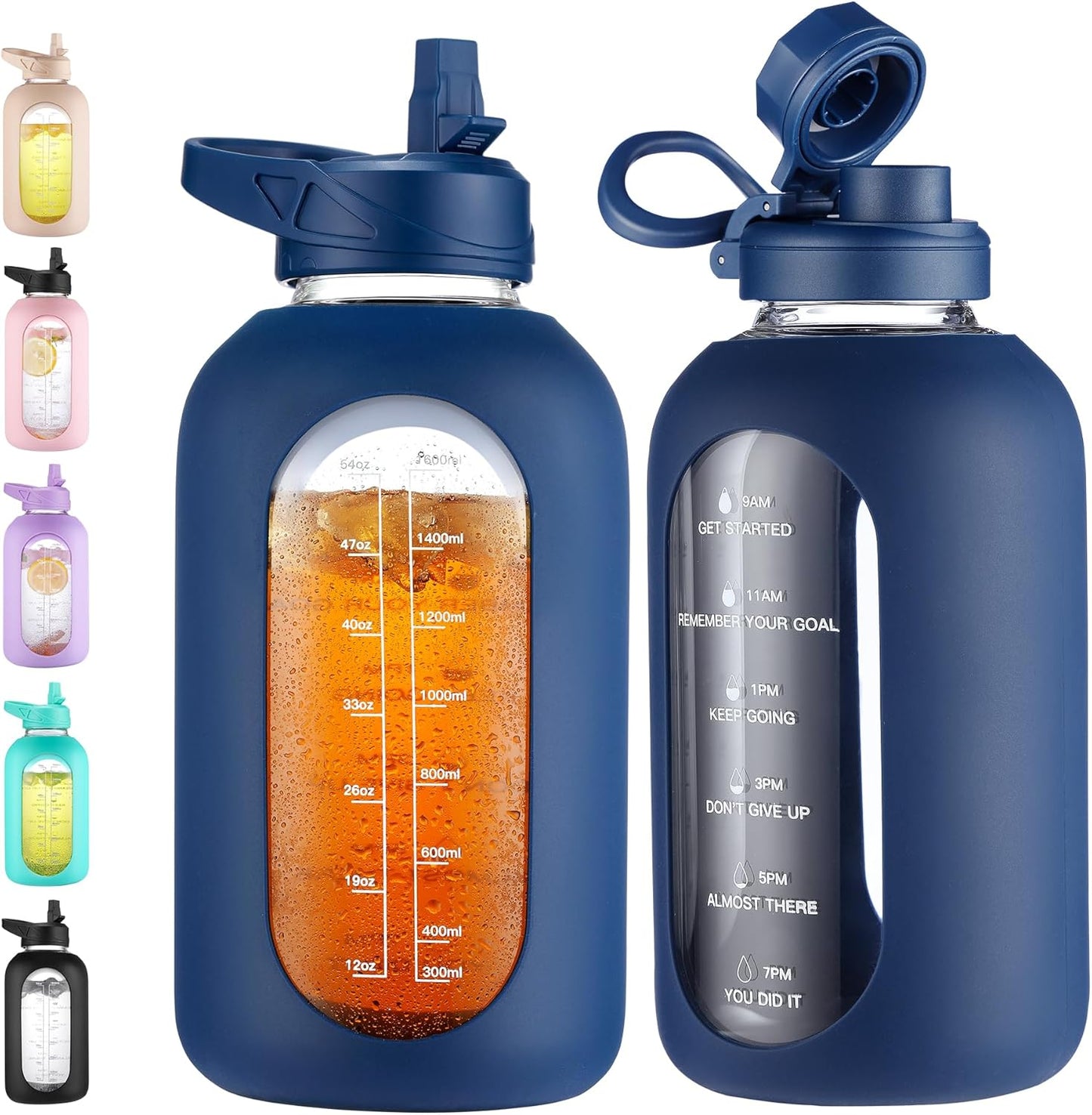 CIVAGO 32 Oz Glass Water Bottle – Leakproof Sports Flask with Straw, Handle, Silicone Sleeve, Time Marker & 2 Lids, Large Gym Water Jug, Black