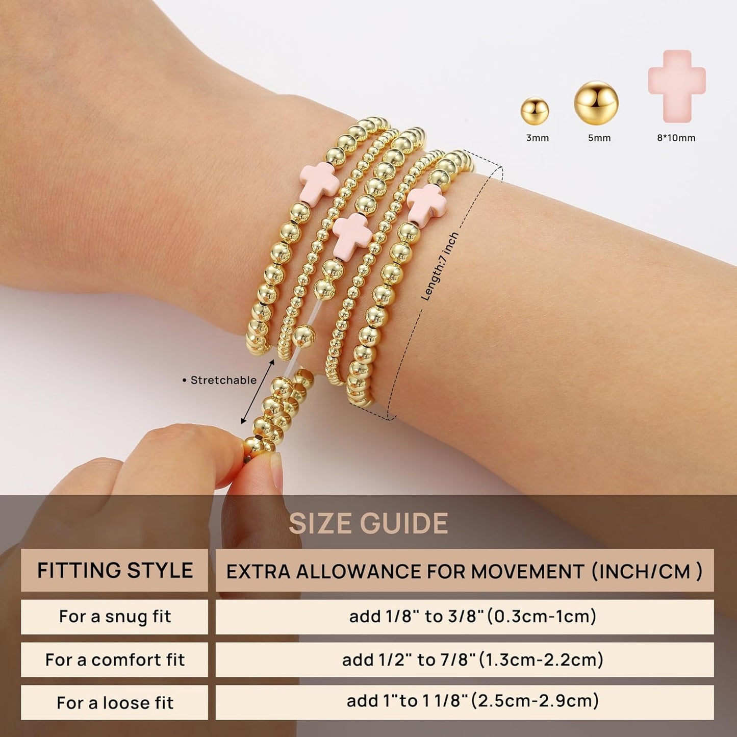 Yoosteel Gold Beaded Bracelets Set – 14K Gold Plated Stackable, Non-Tarnish Dainty Bead, Pearl & Cross Stackable Bracelets Jewelry for Women & Teen Girls