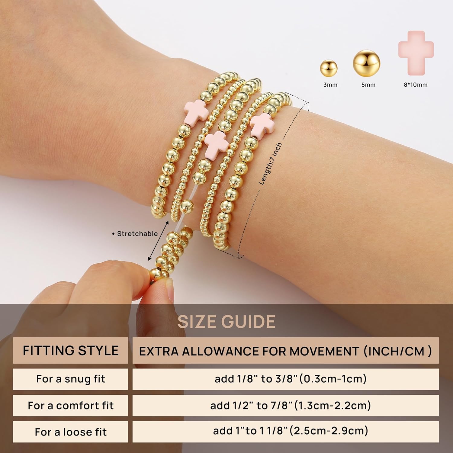 Yoosteel Gold Beaded Bracelets Set – 14K Gold Plated Stackable, Non-Tarnish Dainty Bead, Pearl & Cross Stackable Bracelets Jewelry for Women & Teen Girls