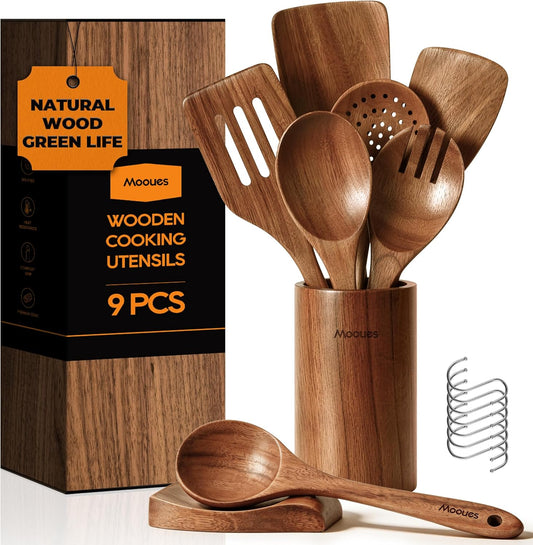 Mooues 9-Piece Acacia Wood Cooking Utensils Set with Holder & Spoon Rest – Natural Wooden Kitchen Tools