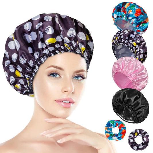Happtiger Reusable Waterproof Shower Caps for Women, 4PCS Double Layer Hair Caps with 2 Satin Scrunchies, Elastic Bath Caps for Shower, Spa & Hair Care
