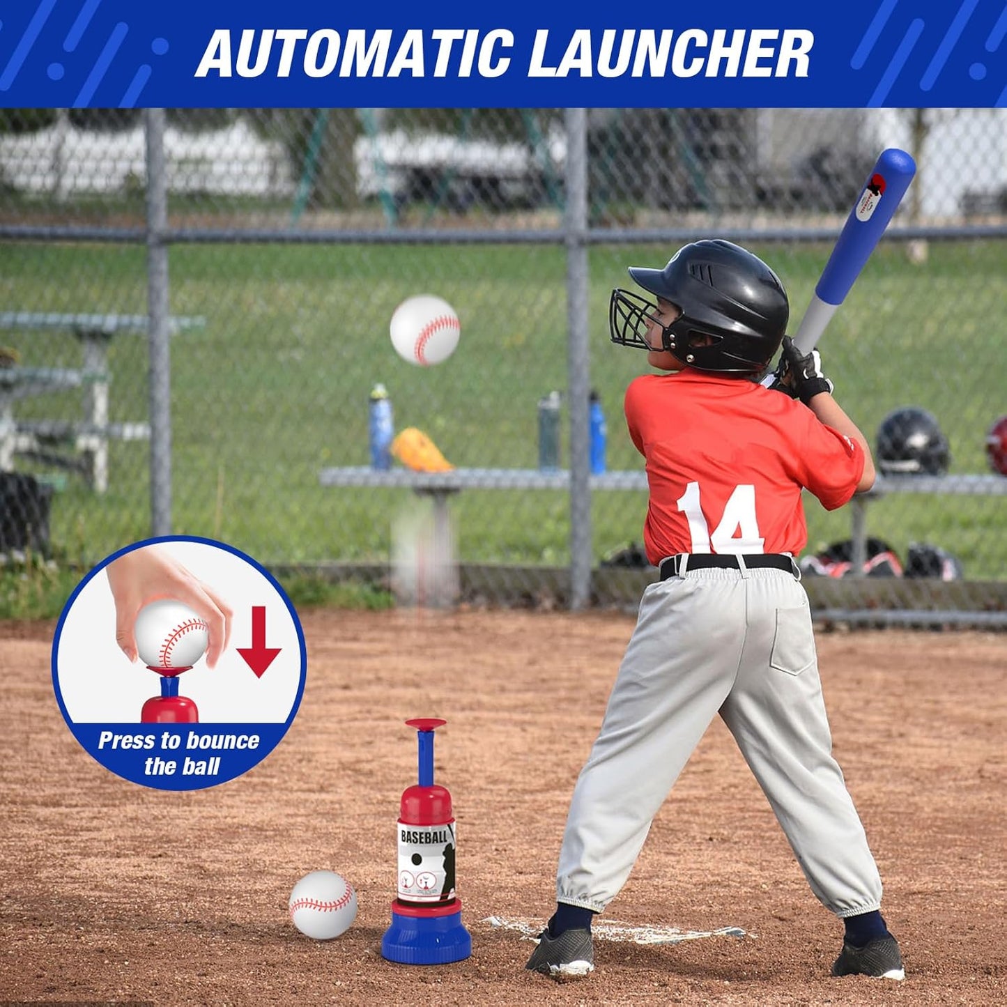 Kids 3-in-1 Baseball Set for Toddler Ages 3–5 – Adjustable Tee Ball Stand with Hanging Tee, Ball Launcher, 6 Softballs for Boys & Girls