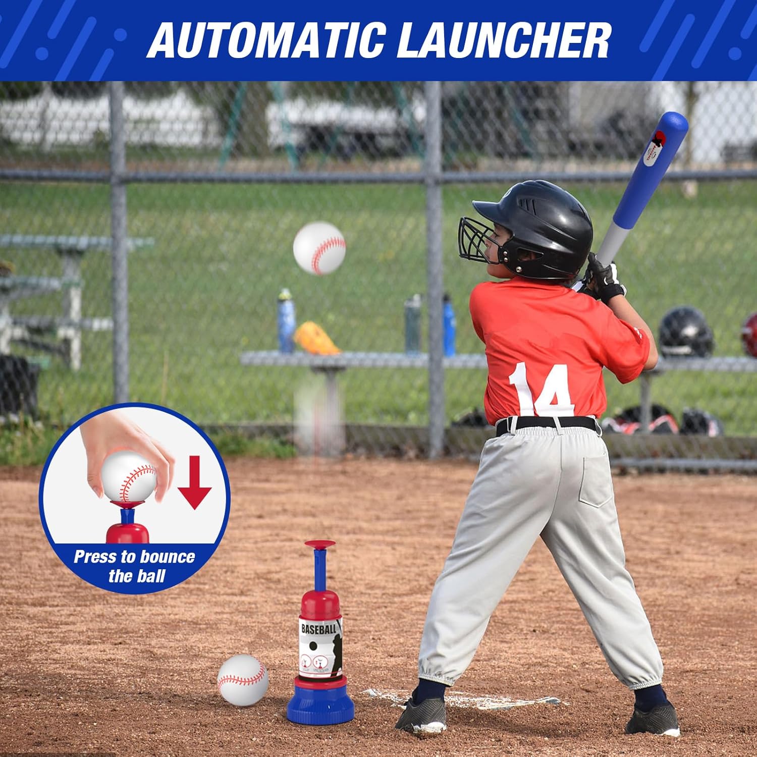 Kids 3-in-1 Baseball Set for Toddler Ages 3–5 – Adjustable Tee Ball Stand with Hanging Tee, Ball Launcher, 6 Softballs for Boys & Girls