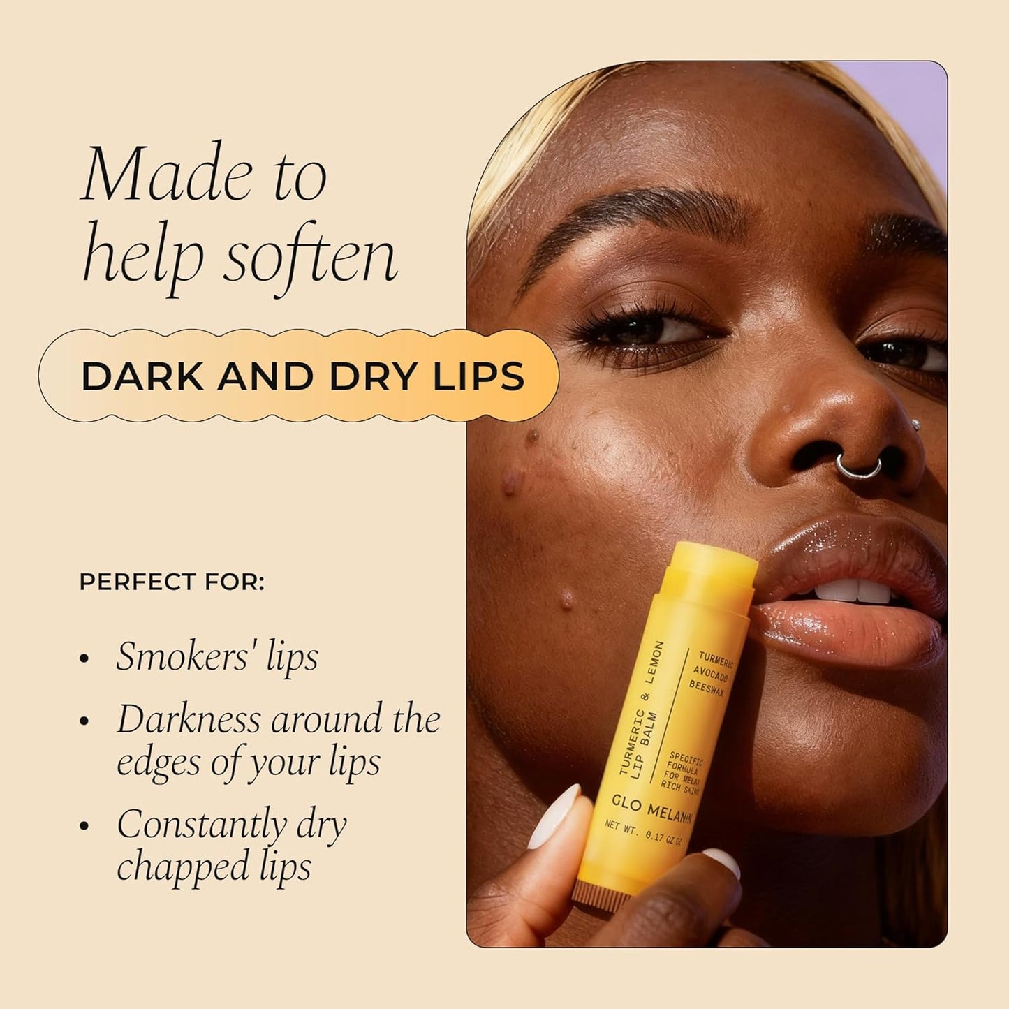 Glo Melanin Natural Lemon & Turmeric Lip Balm – Brightening & Nourishing Lip Care for Dark or Smoker’s Lips, Hydrating All-Natural Moisturizing Balm