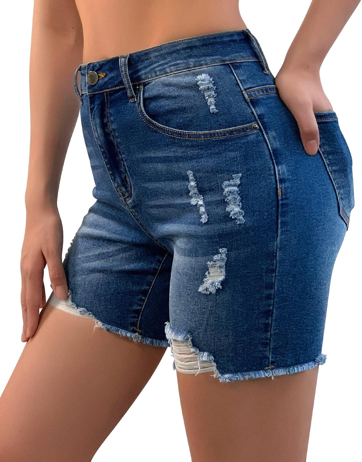 Roswear Women’s High-Waisted Ripped Summer Shorts – Stretch Denim, Distressed Frayed Raw Hem, Casual Jean Shorts
