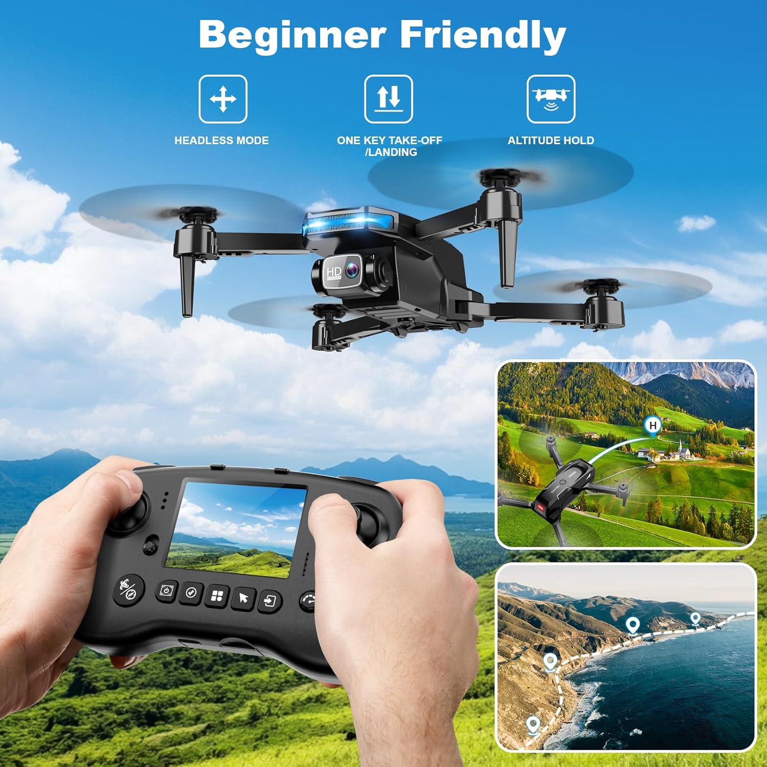 Beginner Drone with Camera & Screen Controller – Foldable Remote Control Quadcopter with Gesture Control, 3D Flip, One-Key Start, Emergency Stop, Dual Batteries