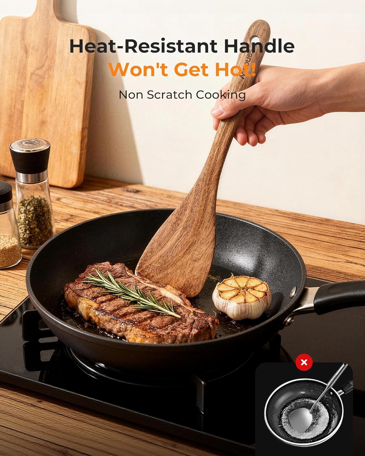 Mooues 9-Piece Acacia Wood Cooking Utensils Set with Holder & Spoon Rest – Natural Wooden Kitchen Tools