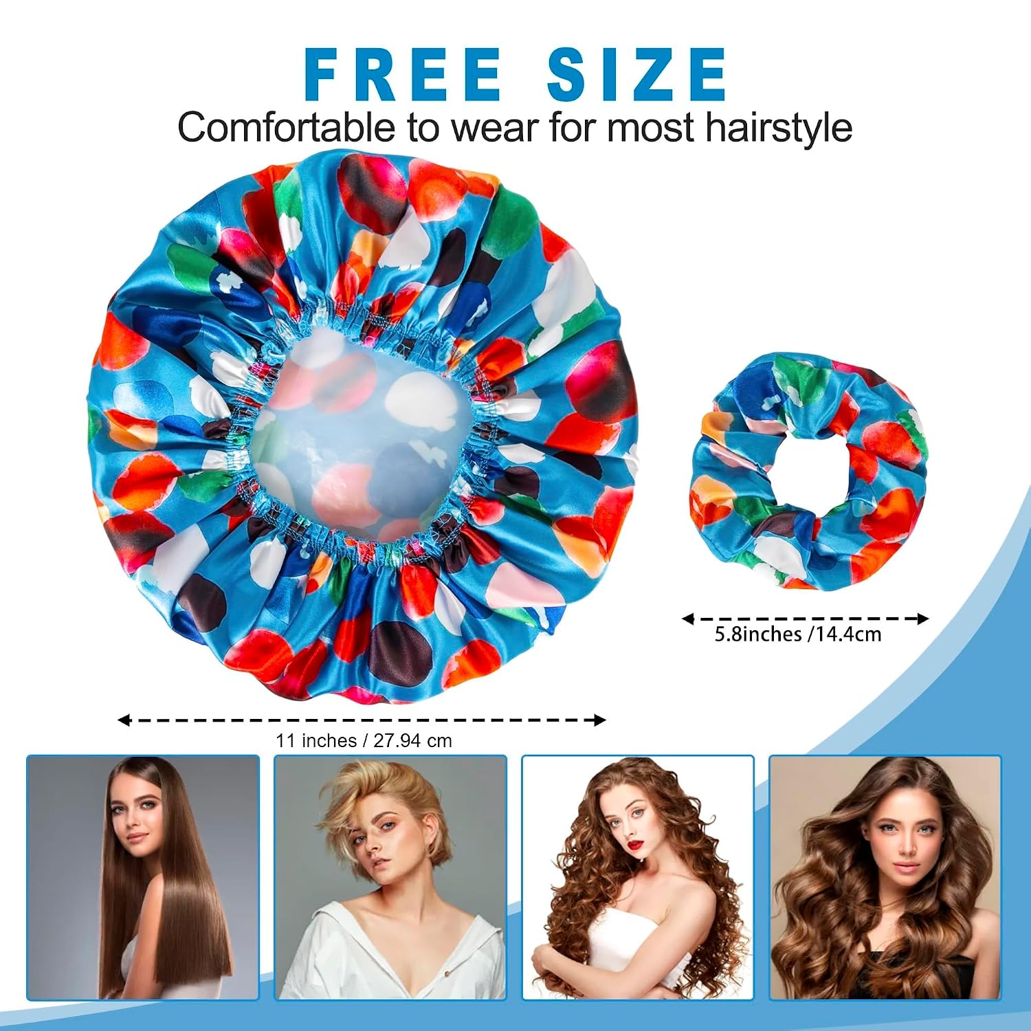 Happtiger Reusable Waterproof Shower Caps for Women, 4PCS Double Layer Hair Caps with 2 Satin Scrunchies, Elastic Bath Caps for Shower, Spa & Hair Care