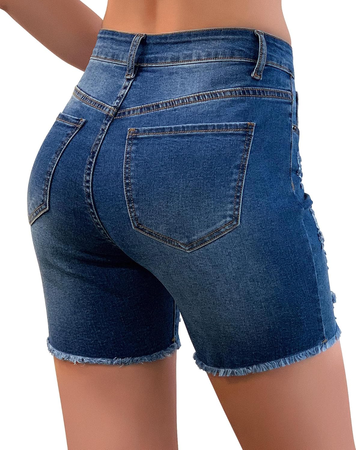 Roswear Women’s High-Waisted Ripped Summer Shorts – Stretch Denim, Distressed Frayed Raw Hem, Casual Jean Shorts