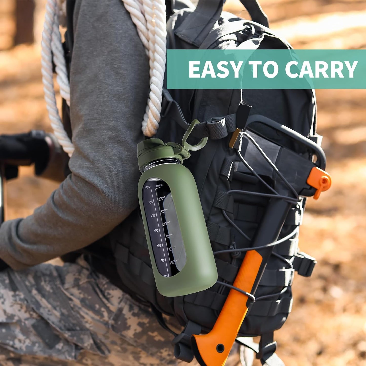 CIVAGO 32 Oz Glass Water Bottle – Leakproof Sports Flask with Straw, Handle, Silicone Sleeve, Time Marker & 2 Lids, Large Gym Water Jug, Black