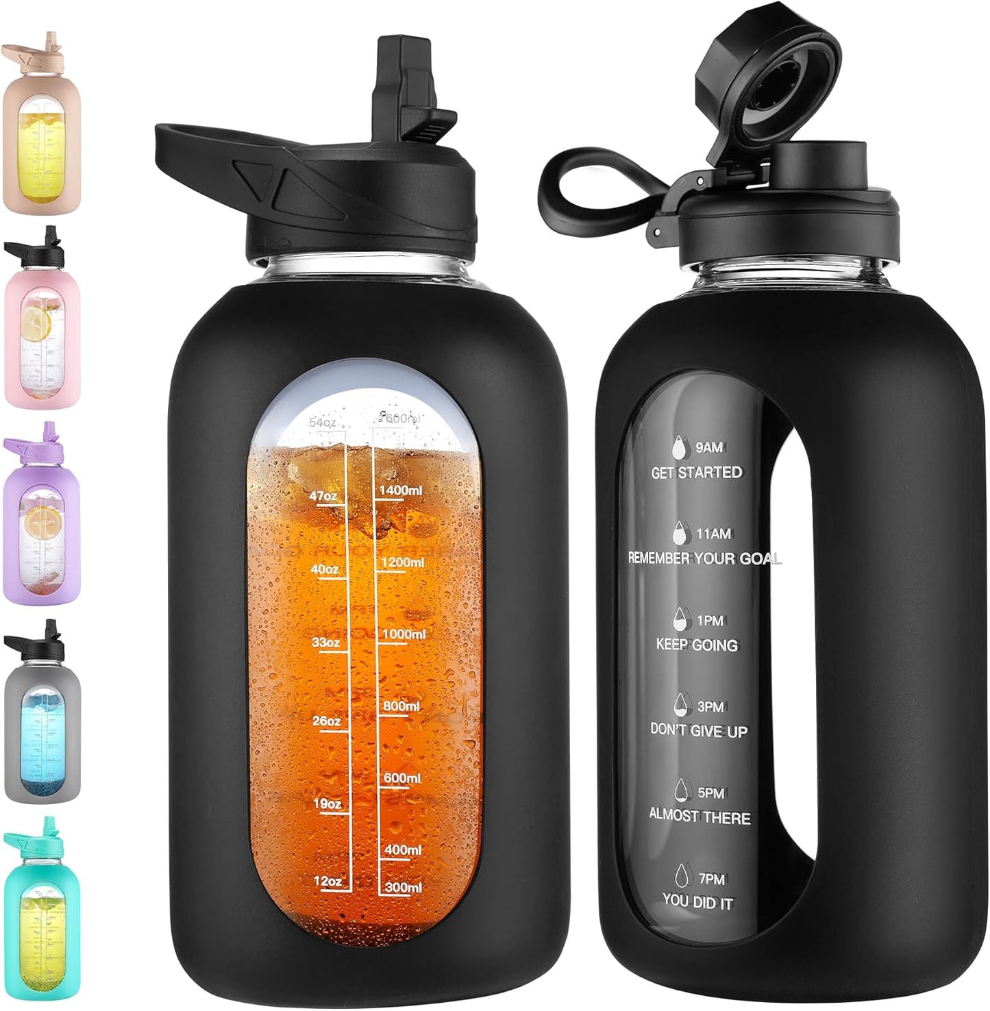 CIVAGO 32 Oz Glass Water Bottle – Leakproof Sports Flask with Straw, Handle, Silicone Sleeve, Time Marker & 2 Lids, Large Gym Water Jug, Black
