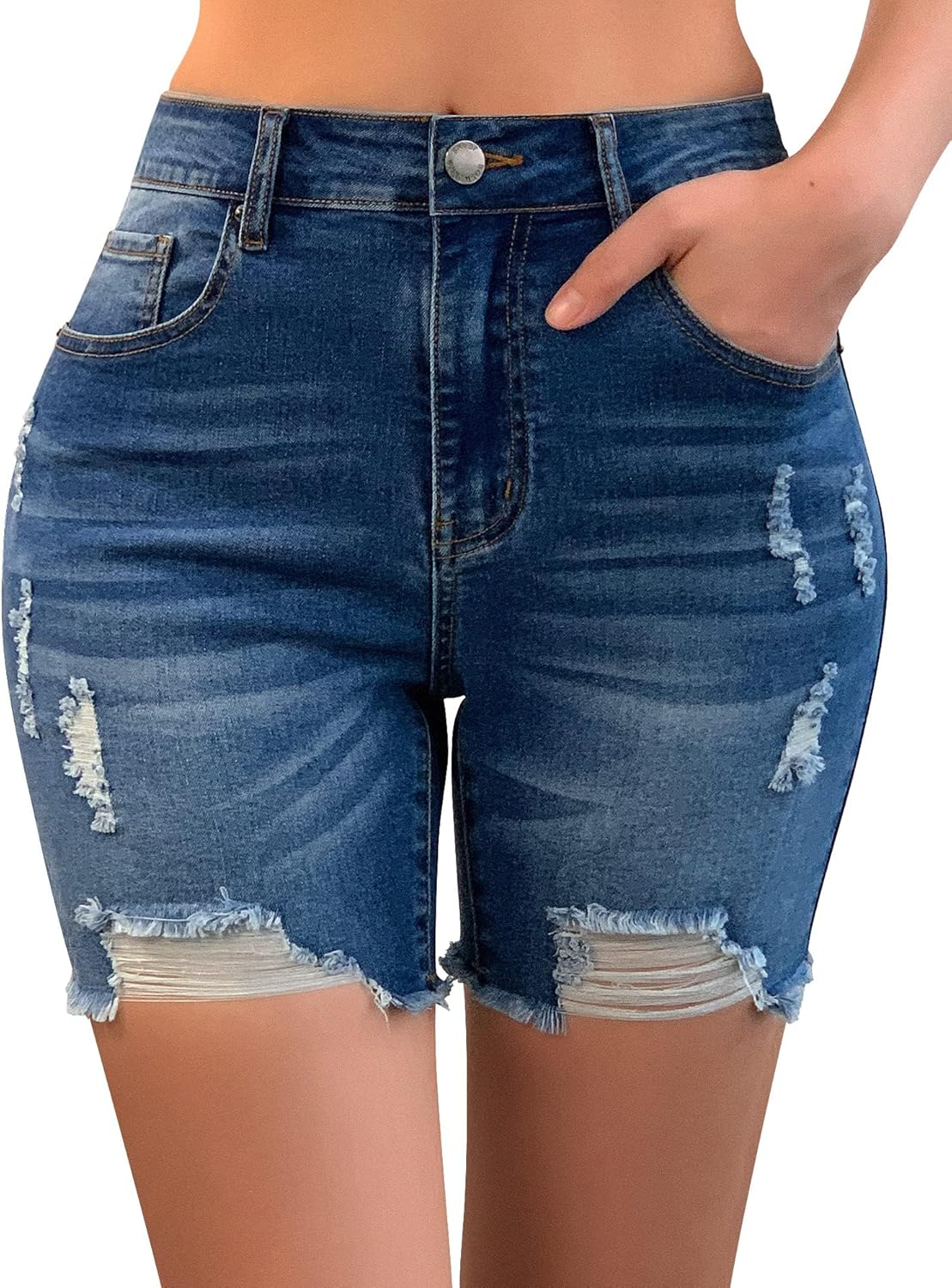 Roswear Women’s High-Waisted Ripped Summer Shorts – Stretch Denim, Distressed Frayed Raw Hem, Casual Jean Shorts