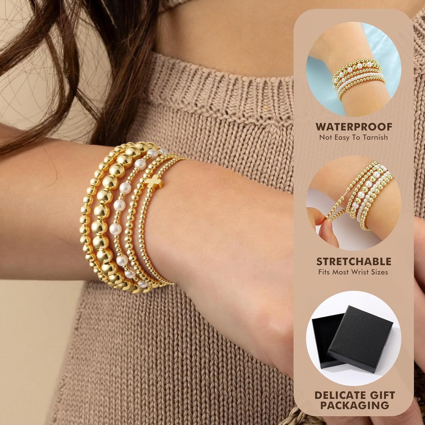 Yoosteel Gold Beaded Bracelets Set – 14K Gold Plated Stackable, Non-Tarnish Dainty Bead, Pearl & Cross Stackable Bracelets Jewelry for Women & Teen Girls