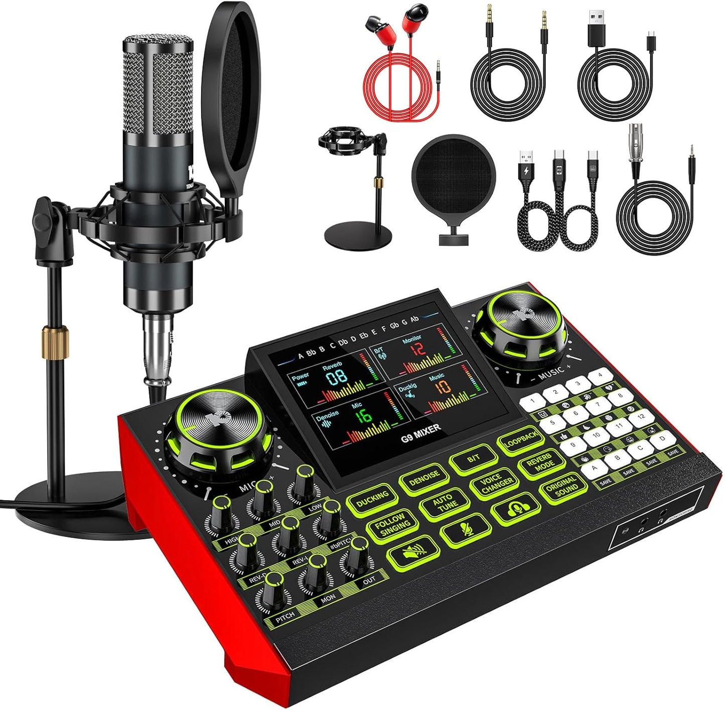 Podcast Equipment Bundle with Live Sound Card Audio Mixer – 3.5mm Condenser Microphone for PC, Phone, Streaming, Gaming & Singing