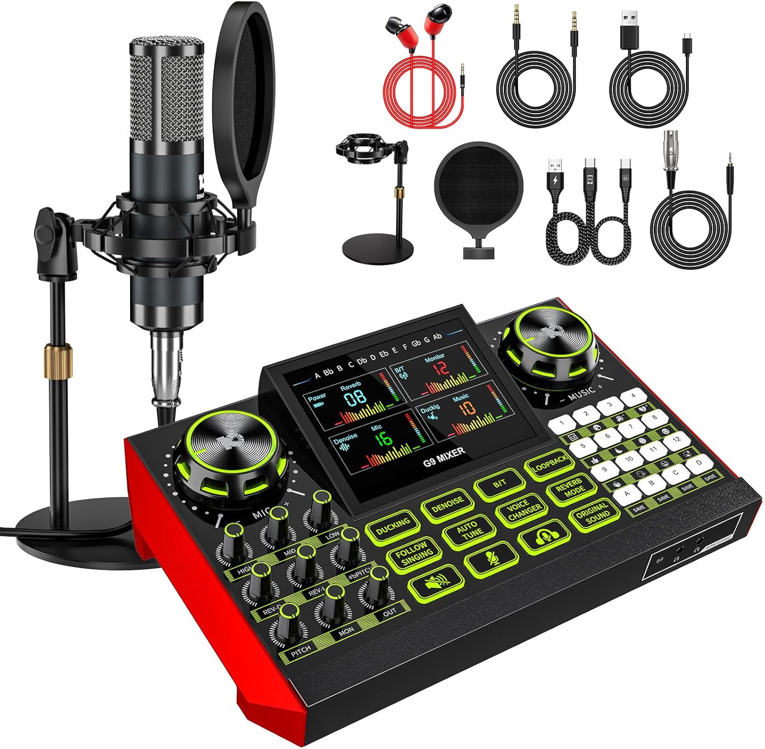 Podcast Equipment Bundle with Live Sound Card Audio Mixer – 3.5mm Condenser Microphone for PC, Phone, Streaming, Gaming & Singing