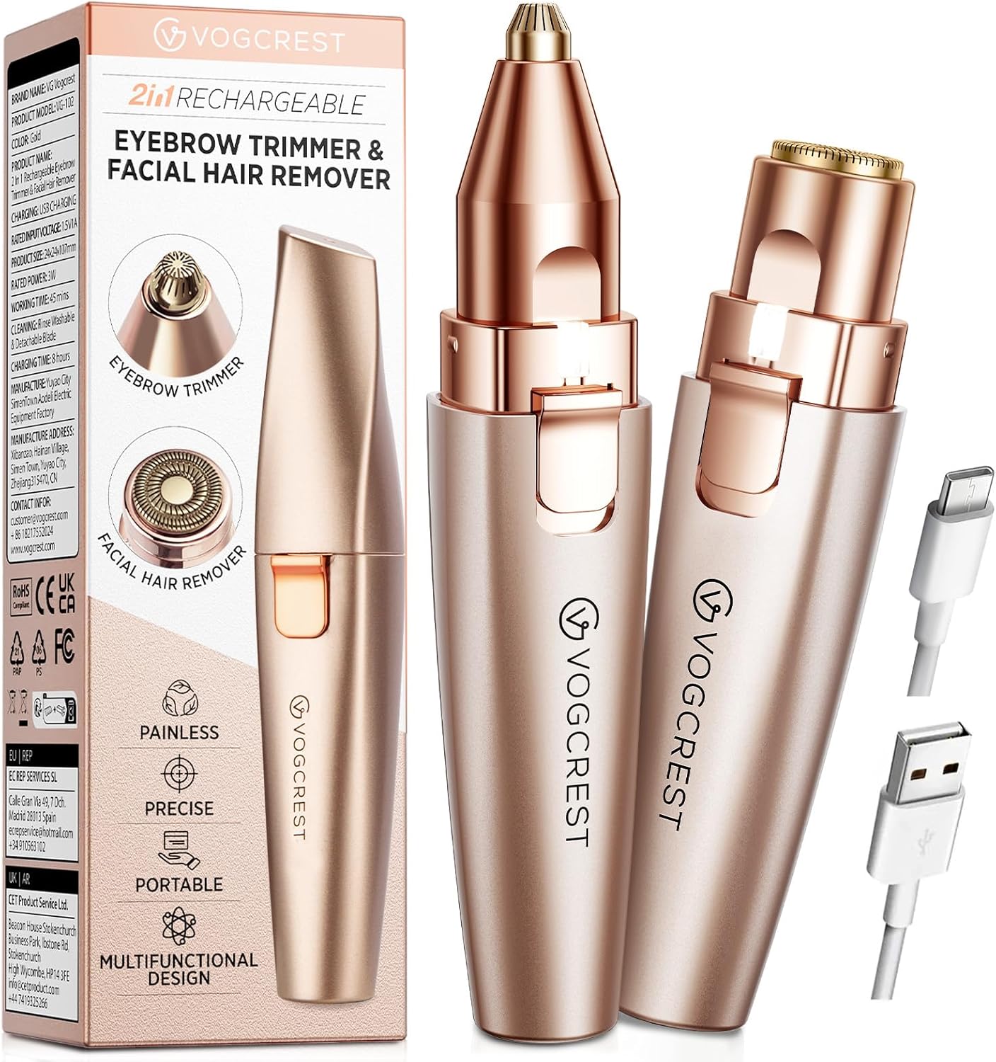 VG VOGCREST Eyebrow & Facial Trimmer – 2-in-1 Rechargeable Facial Hair Removal & Eyebrow Shaver with LED Light (Rose Gold)