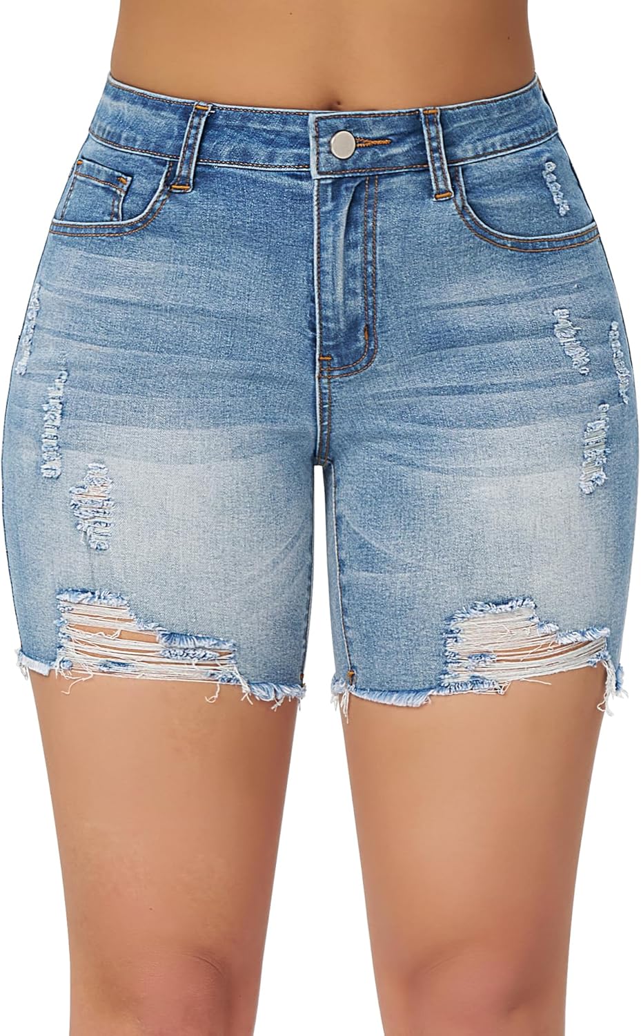 Roswear Women’s High-Waisted Ripped Summer Shorts – Stretch Denim, Distressed Frayed Raw Hem, Casual Jean Shorts