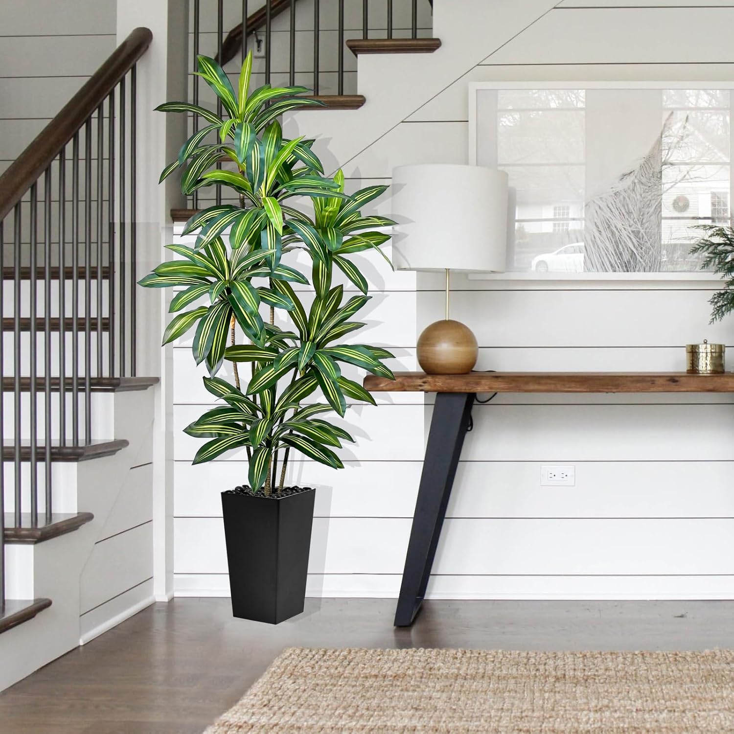 Artificial Dracaena 5FT Tree with White Planter – Realistic Faux Dragon Indoor Floor Plant for Home, Office, Living Room & Bedroom Decor