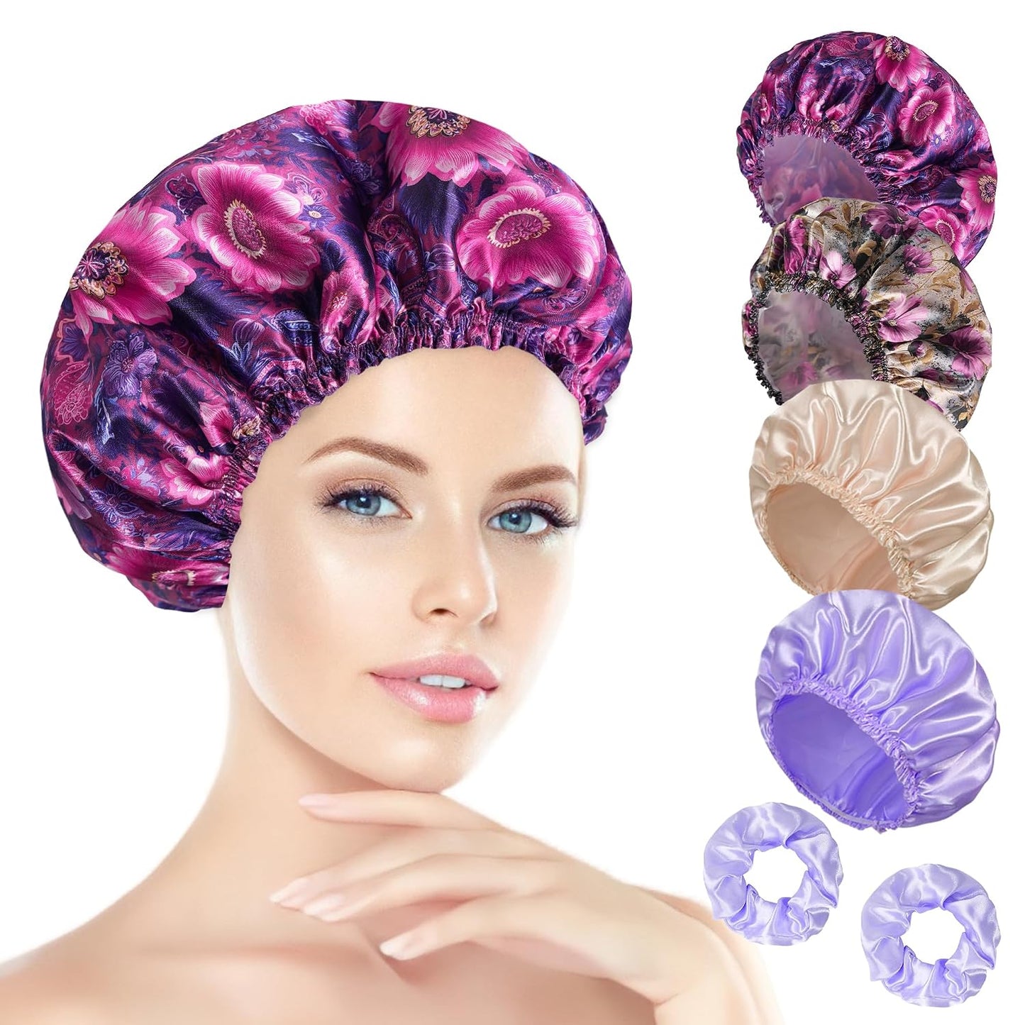 Happtiger Reusable Waterproof Shower Caps for Women, 4PCS Double Layer Hair Caps with 2 Satin Scrunchies, Elastic Bath Caps for Shower, Spa & Hair Care