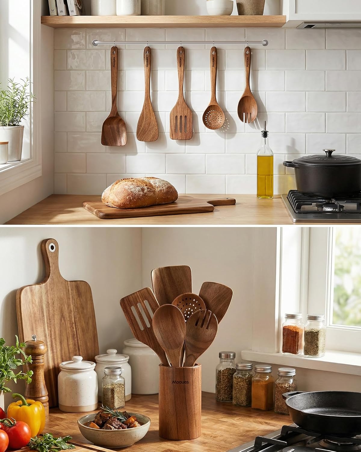 Mooues 9-Piece Acacia Wood Cooking Utensils Set with Holder & Spoon Rest – Natural Wooden Kitchen Tools