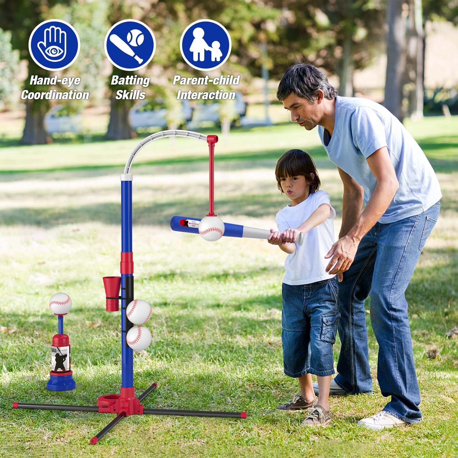 Kids 3-in-1 Baseball Set for Toddler Ages 3–5 – Adjustable Tee Ball Stand with Hanging Tee, Ball Launcher, 6 Softballs for Boys & Girls