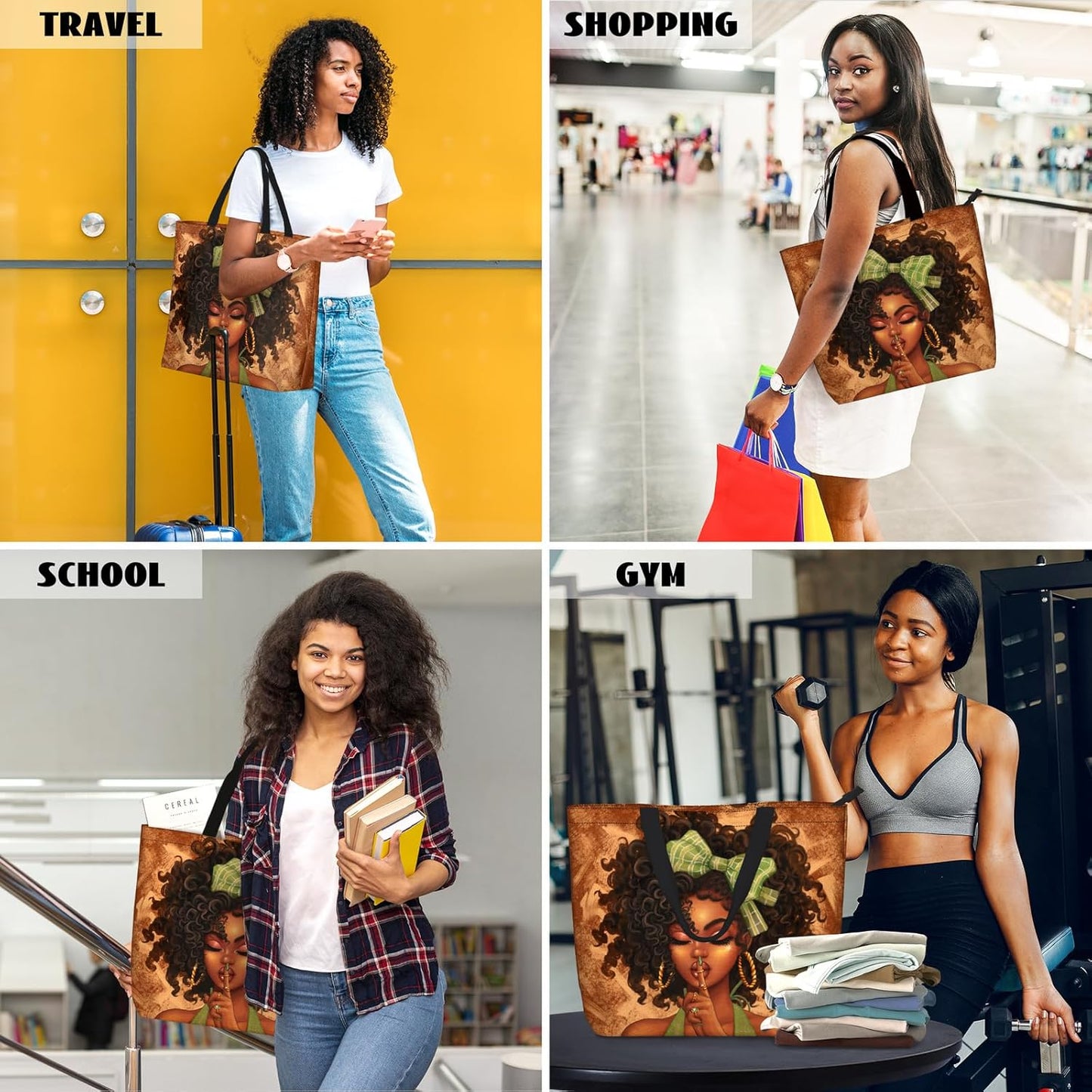 African American Women Tote Bag – Large Black Shoulder Handbag for Work, Travel & Beach | Fits Laptop | Zipper Closure Everyday Tote Bag