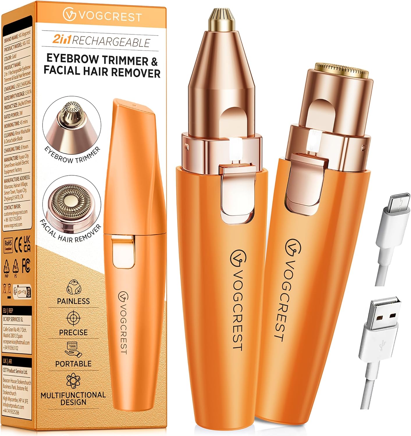 VG VOGCREST Eyebrow & Facial Trimmer – 2-in-1 Rechargeable Facial Hair Removal & Eyebrow Shaver with LED Light (Rose Gold)